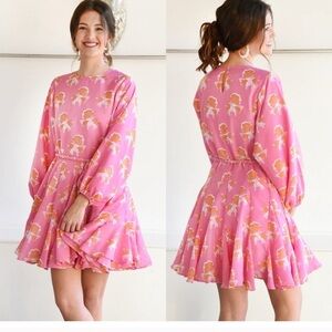 J Marie Poppy Floral Print Crew Neck Puff Long Sleeve Belted A Line Dress